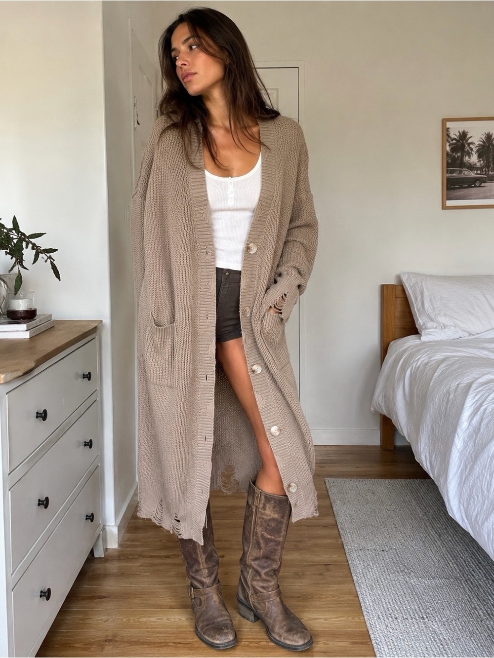 Better Be Distressed Oversized Maxi Cardigan Taupe M/L Grandpa Grunge